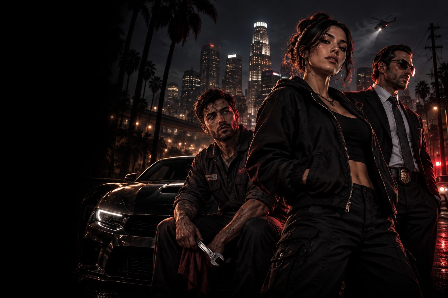 Promotional artwork of fictional Los Santos residents, a sports car, and the city at night.